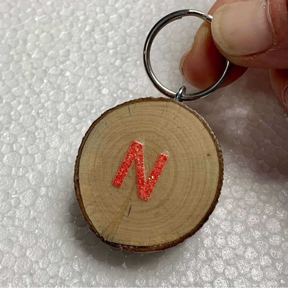 Wood Slice Key Chain Initial N Keychain Handmade Sustainable Gift Coral Orange